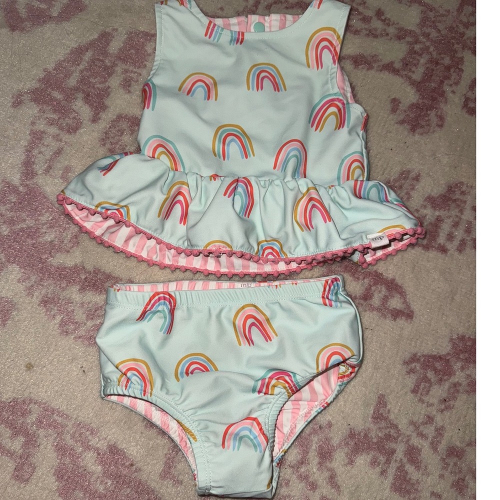 Mud Pie Baby Girl Reversible Swimsuit Rainbow Pink Stripe Ruffle Trim 6-9 Months